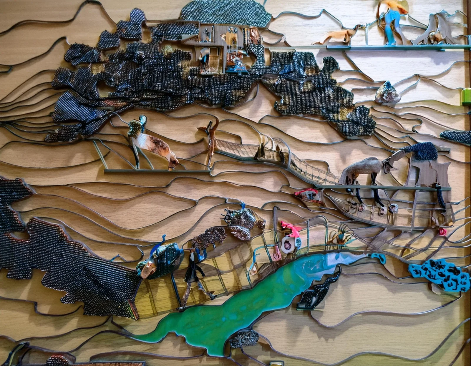 Layered lucite, metal wire and wood veneer assemblage landscape