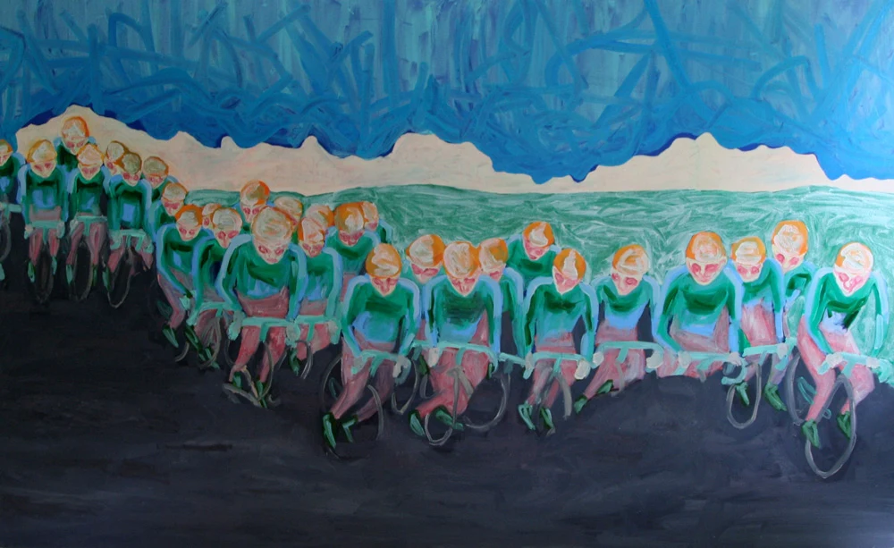 Painting of a peloton of cyclists in green jerseys under a blue sky