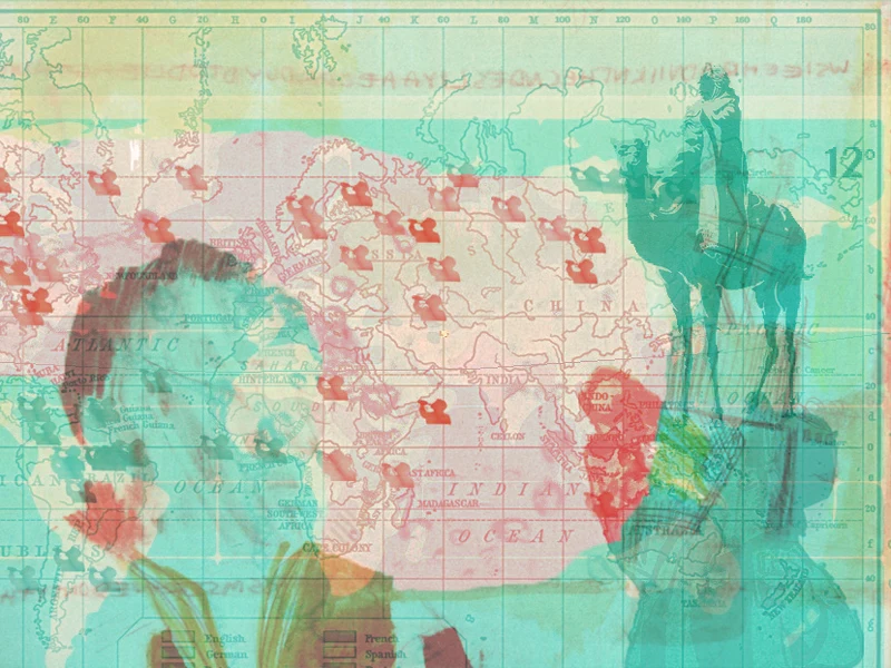 Teal and red overprint of camels and riders over a vintage classroom world map
